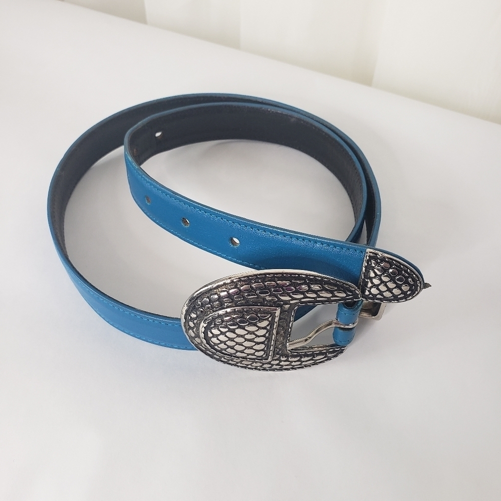 Vintage Jaeger blue leather belt chunky silver buckle